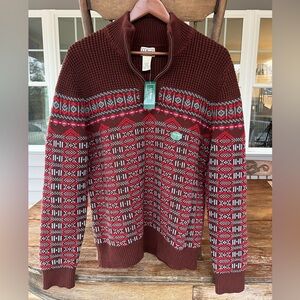 LL Bean Organic Cotton 1/4 Zip Sweater NEW Currant Fair Isle Currant Waffle S